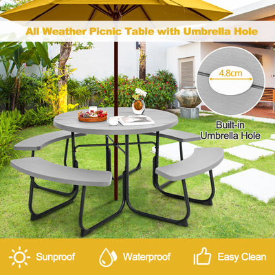 8-person Round Picnic Table Bench Set with 4 Benches and Umbrella Hole-Grey