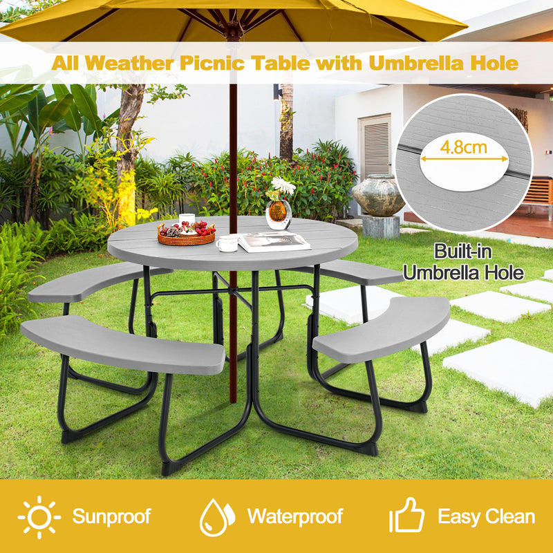 8-person Round Picnic Table Bench Set with 4 Benches and Umbrella Hole-Grey