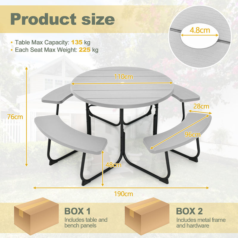 8-person Round Picnic Table Bench Set with 4 Benches and Umbrella Hole-Grey