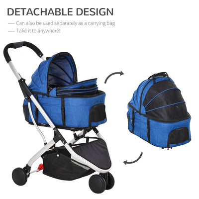 PawHut Detachable Pet Stroller Pushchair Foldable Dog Cat Travel Carriage 2-In-1 Design Carrying Bag Dark Blue