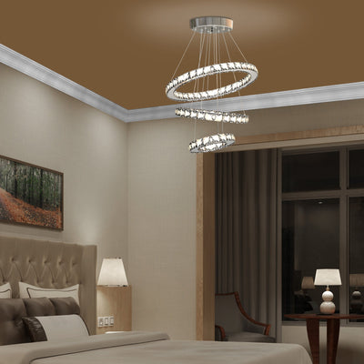 HOMCOM Modern LED Chandelier with 3 Crystal Rings, Dimmable Pendent Ceiling Light Cool Warm White with Adjustable Cable Remote Controller, Silver