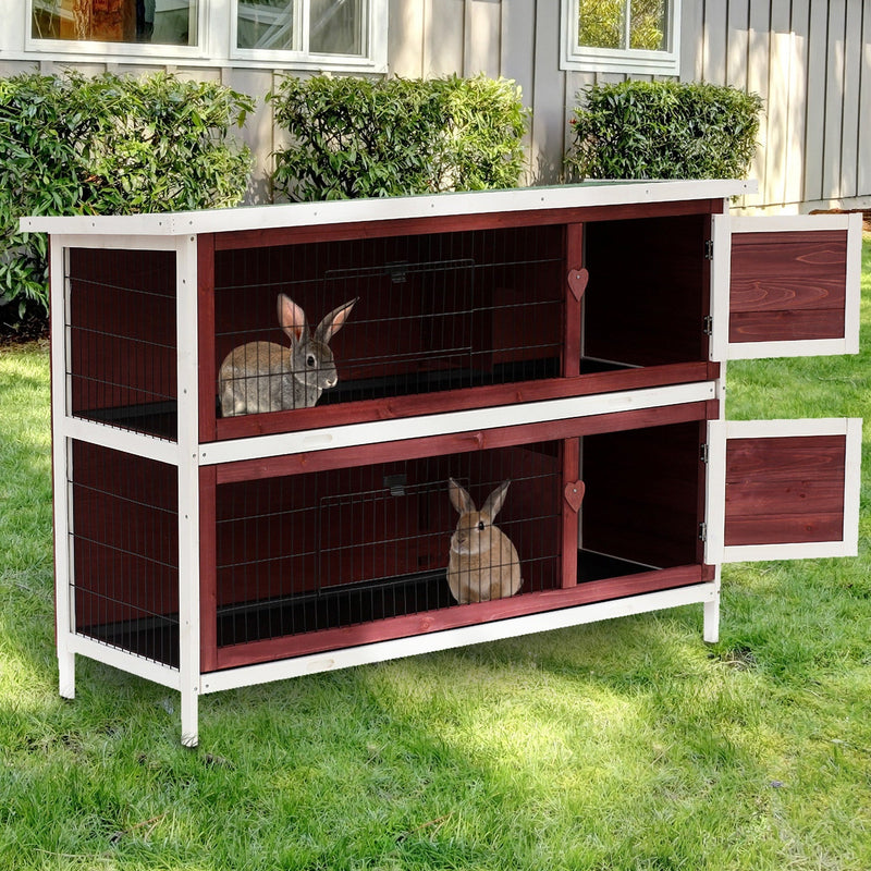 Two-Tier Double Decker Wooden Rabbit Hutch Pet Cage 136.4Lx50Wx93H cm-Brown/White