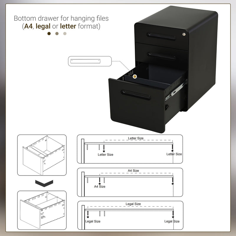 Steel 3-Drawer Curved Filing Cabinet Mobile File Cabinet, Lock Black