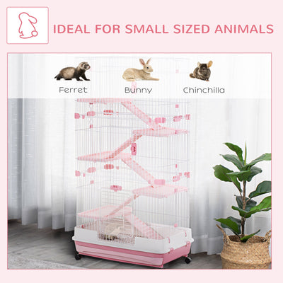 PawHut 6 Levels Small Animal Cage Indoor Bunny House for Ferret Chinchilla with Wheels, Slide-out Tray, Pink