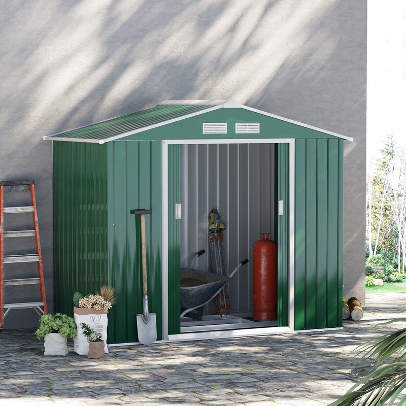 Outsunny 7ft x 4ft Lockable Garden Shed Large Patio Roofed Tool Metal Storage Building Foundation Sheds Box Outdoor Furniture, Green