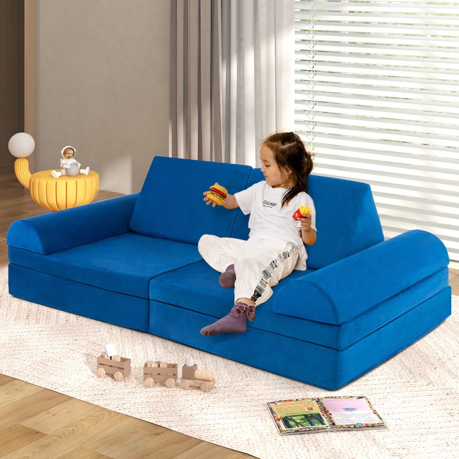 8 Pieces Modular Convertible Kids Play Couch Sofa Blue