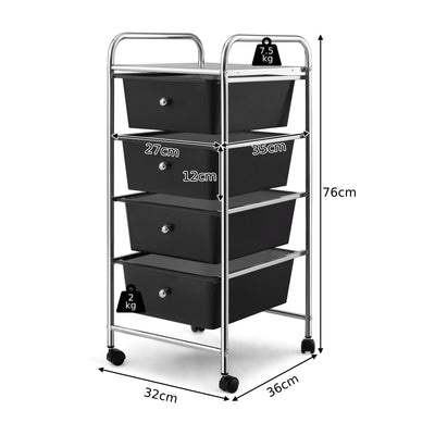 Mobile Storage Trolley on Wheels with 4 Removable Plastic Drawers-Black