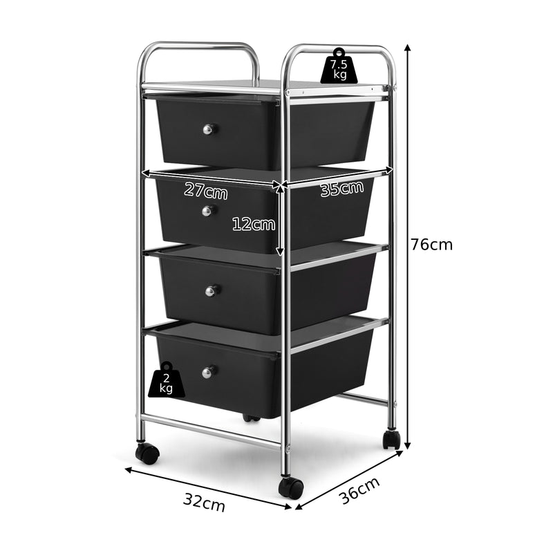 Mobile Storage Trolley on Wheels with 4 Removable Plastic Drawers-Black