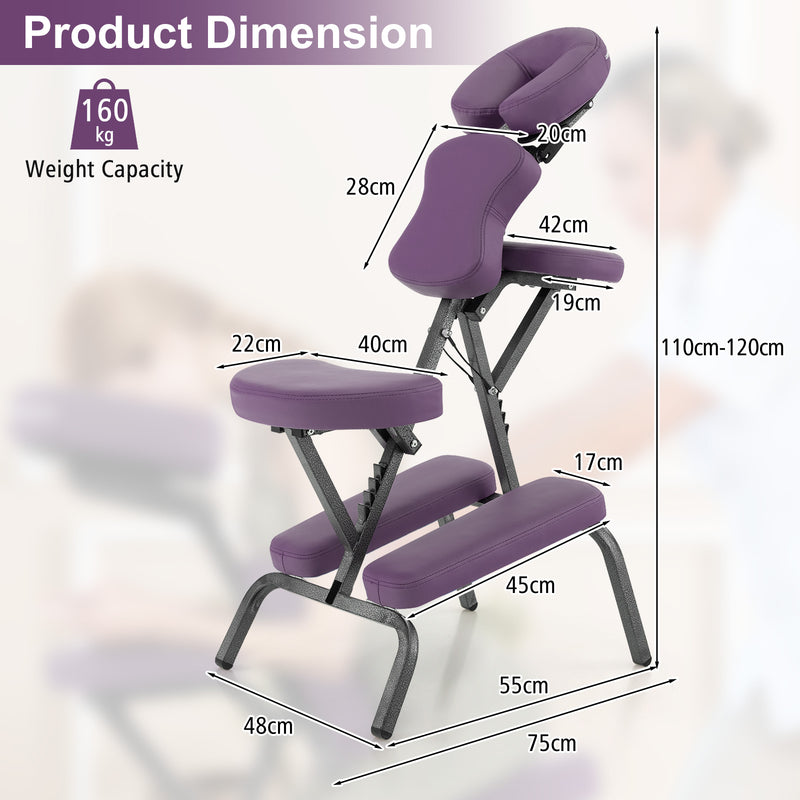 Folding Height Adjustable Massage Chair with Thickened Sponge and Carrying Bag-Purple