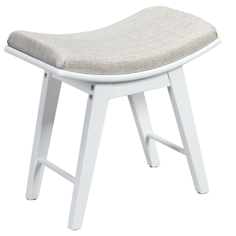 Taburete de tocador con cojín de asiento curvo y patas de madera de caucho, color blanco