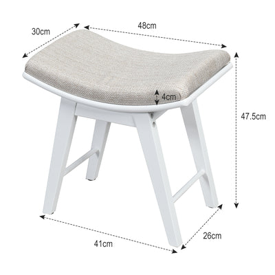 Taburete de tocador con cojín de asiento curvo y patas de madera de caucho, color blanco