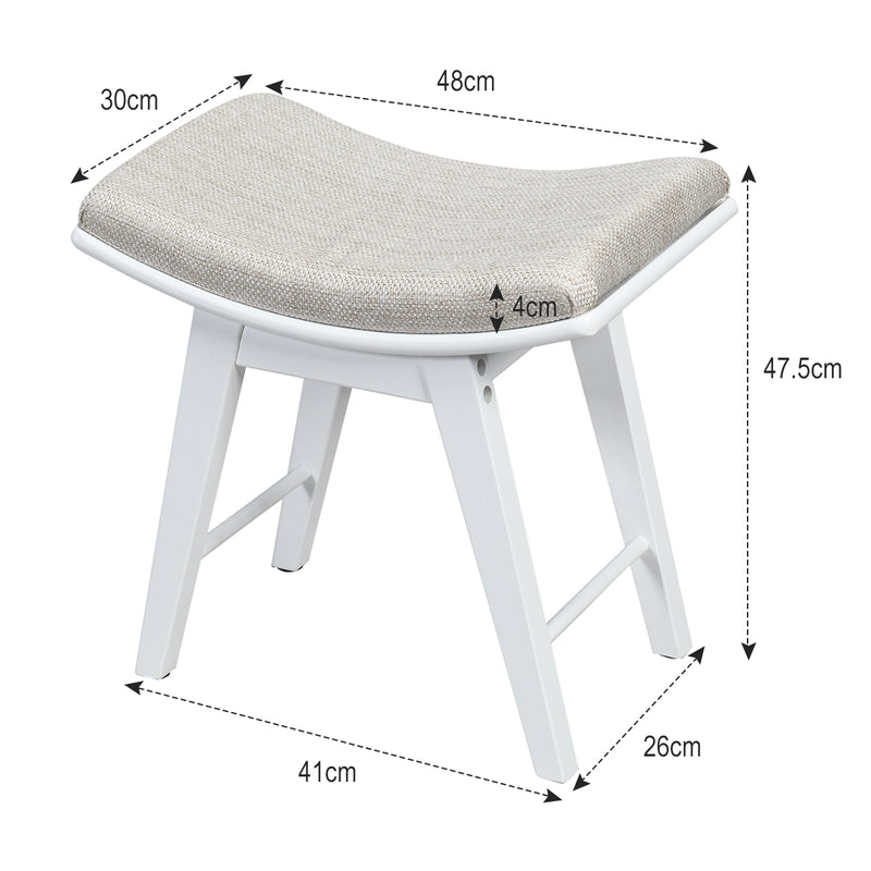 Taburete de tocador con cojín de asiento curvo y patas de madera de caucho, color blanco