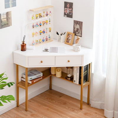 Triangular Corner Computer Desk with 2 Drawers and Storage Shelves-Golden