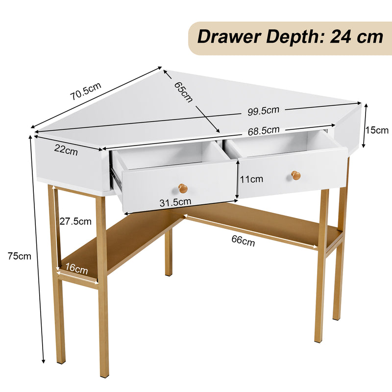 Triangular Corner Computer Desk with 2 Drawers and Storage Shelves-Golden