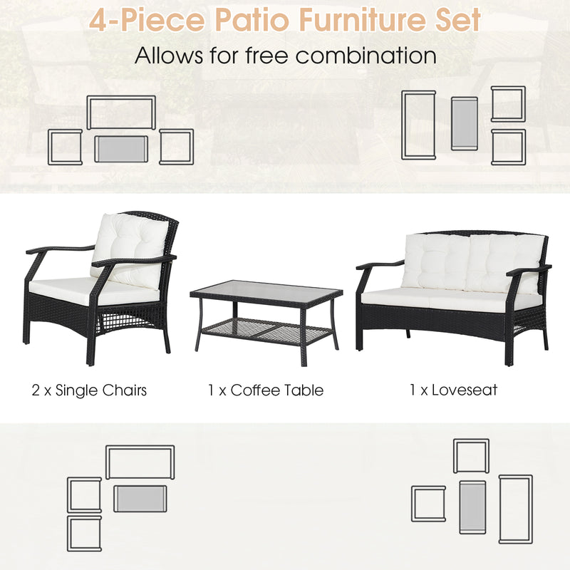 4 Pieces Patio Rattan Conversation Set with Coffee Table and Cushions