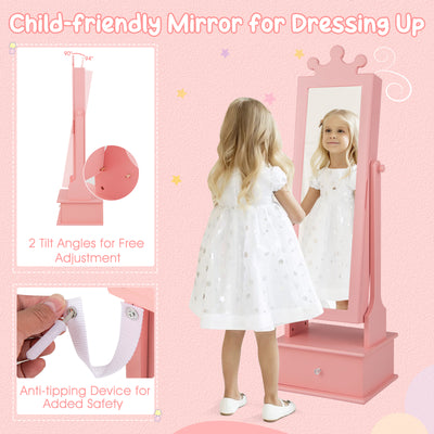 Kids Jewelry Cabinet Armoire with Full Length Mirror and 3 Storage Drawers-Pink