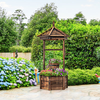 Pozo de los deseos de madera para patio, cubo hexagonal, plantas con flores, color marrón