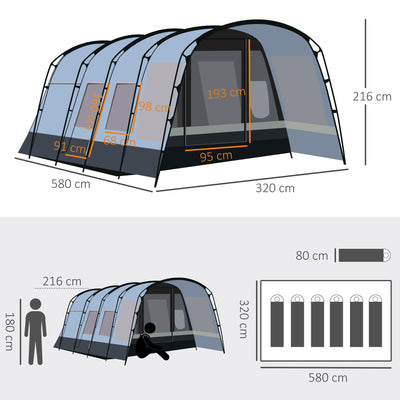 Outsunny 8-Person Camping Tent, Waterproof Family Tent, Tunnel Design, 4 Large Windows, Sleeping Cabins 3000mm Water Column Grey