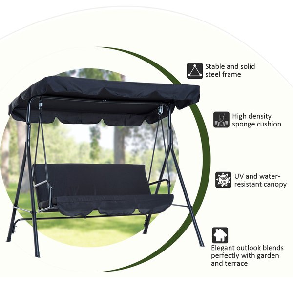 Hammock Swing Chair, 2/3-Seater, Adjustable - Black