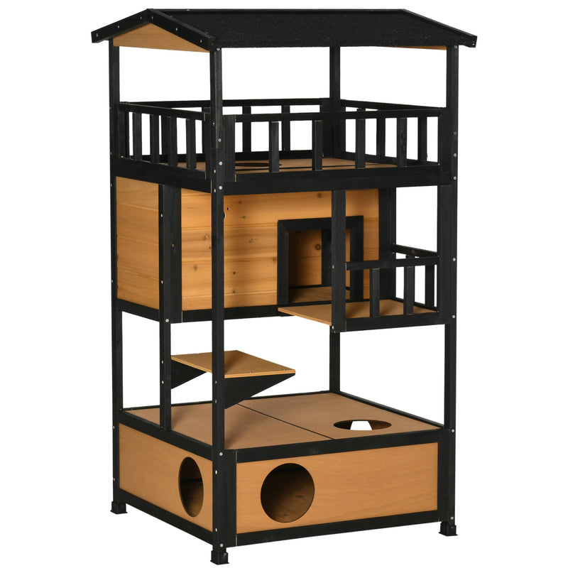 Casa de madera para gatos PawHut de 3 niveles para el refugio de invierno para gatitos con terraza con techo inclinado, escalón para saltar, bandeja inferior, base elevada, color amarillo