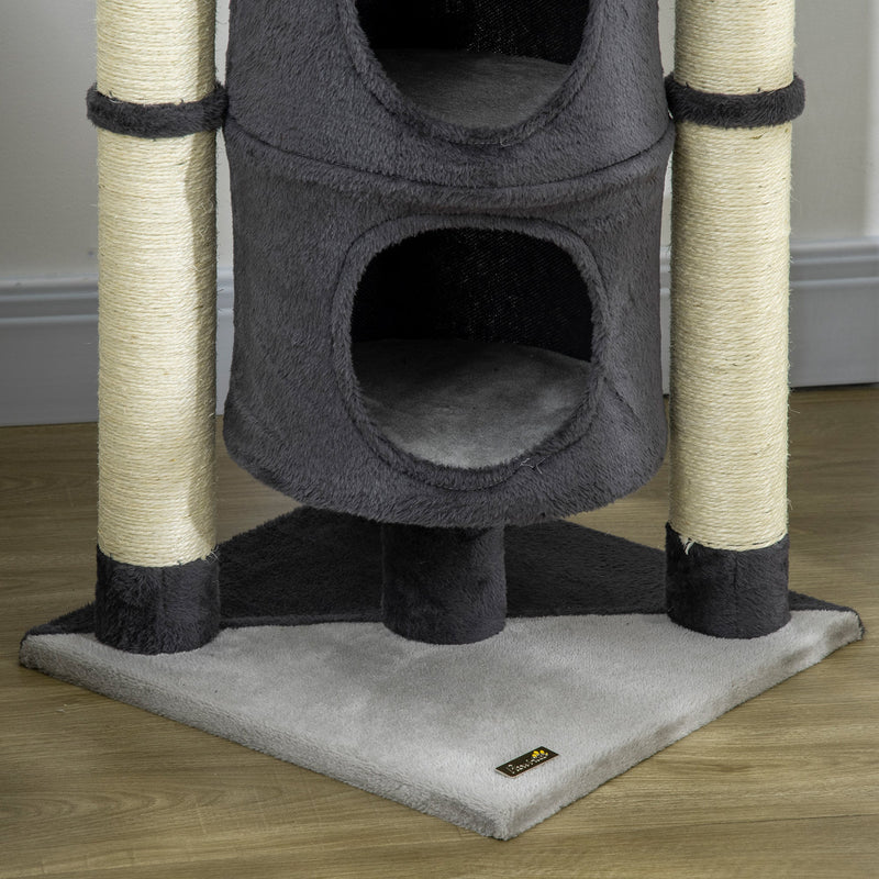 PawHut Cat Tree, with Scratching Posts, Cat House, Bed, Hanging Toy Ball - Grey