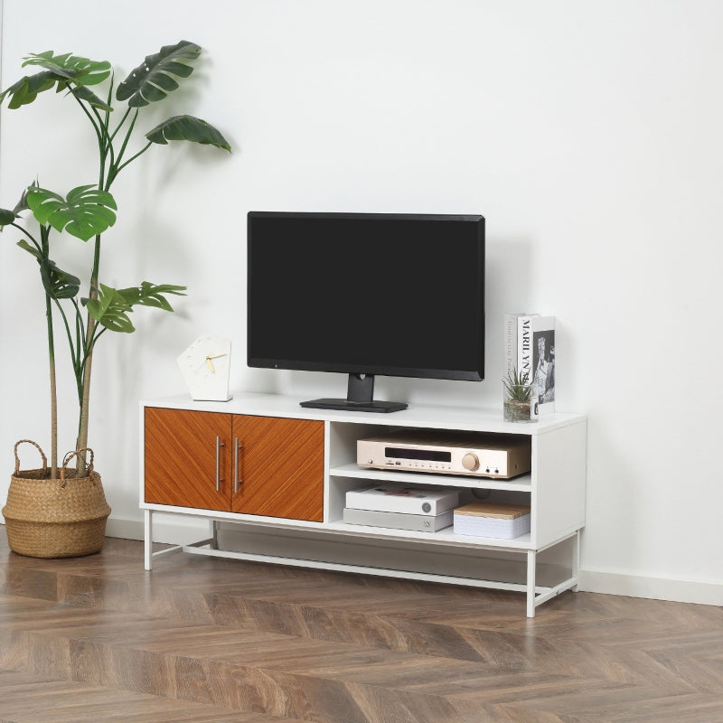 Longline TV Stand, With Wood-Effect Doors - White Brown