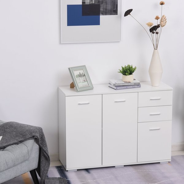 High-Gloss Sideboard Finish Storage Cabinet Home Organisation Aluminium Handles With 2-Drawers - White