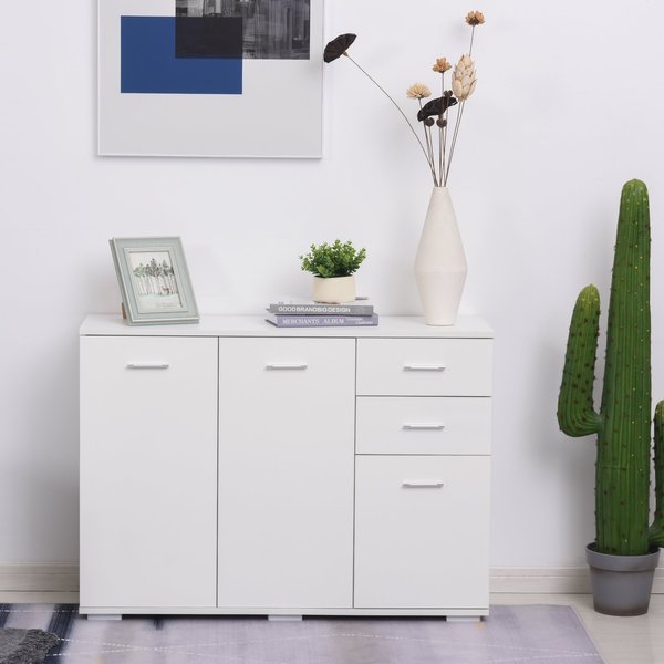 High-Gloss Sideboard Finish Storage Cabinet Home Organisation Aluminium Handles With 2-Drawers - White