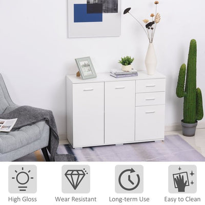 High-Gloss Sideboard Finish Storage Cabinet Home Organisation Aluminium Handles With 2-Drawers - White