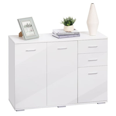 High-Gloss Sideboard Finish Storage Cabinet Home Organisation Aluminium Handles With 2-Drawers - White