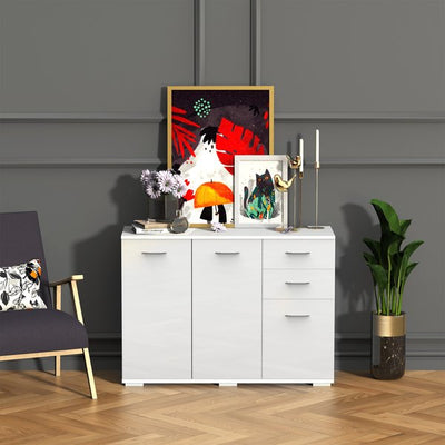 High-Gloss Sideboard Finish Storage Cabinet Home Organisation Aluminium Handles With 2-Drawers - White