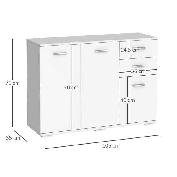 High-Gloss Sideboard Finish Storage Cabinet Home Organisation Aluminium Handles With 2-Drawers - White