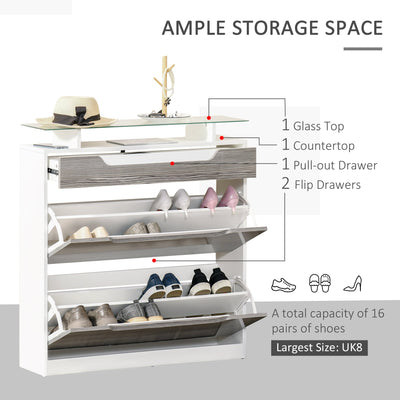 HOMCOM Shoe Cabinet with 3 Drawers High Gloss Storage Cupboard Tipping Bucket with Flip Door Glass Top Adjustable Shelf -Capacity for 14 Pairs Grey