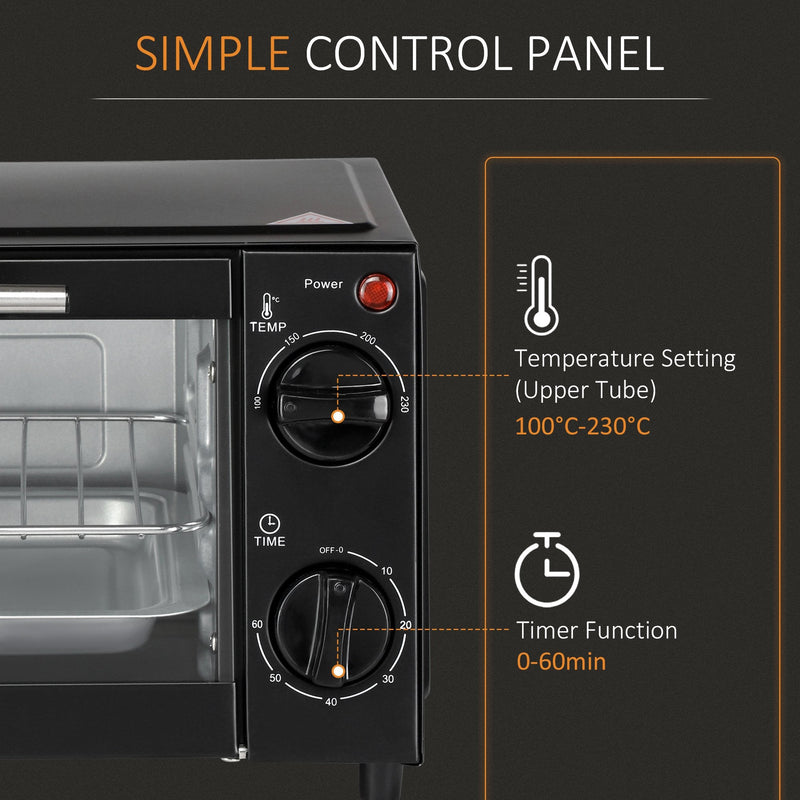 HOMCOM Convection Mini Oven, 9L Countertop Electric Grill, Toaster Oven with Adjustable Temperature, Timer, Baking Tray and Wire Rack, 750W