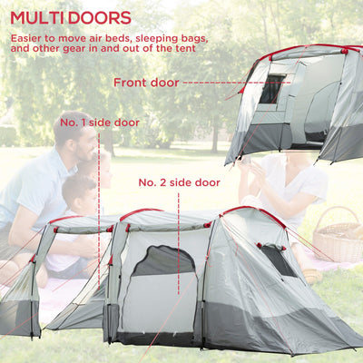 Outsunny 6-8 Person Tunnel Tent, Camping Tent with Bedroom, Living Room, Sewn-in Floor, 3 Doors and Carry Bag, 2000mm Water Column for Fishing, Grey