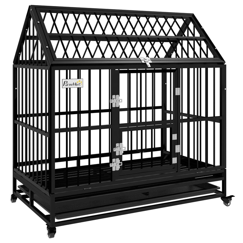 PawHut 49" Heavy Duty Dog Crate on Wheels, with Removable Tray, Openable Top, for L, XL Dogs - Black