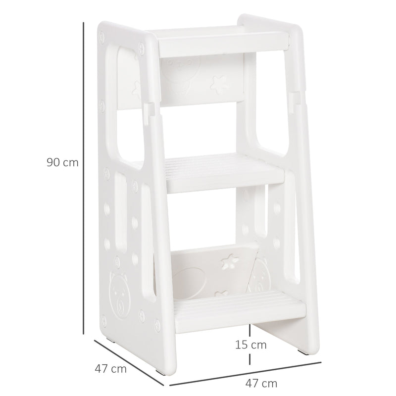 HOMCOM Kids Step Stool Adjustable Standing Platform Toddler Kitchen Stool -Standing Tower for Kids Kitchen Learning w/ Three Adjustable Heights, White