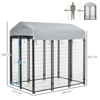 Caseta para perros de exterior PawHut, parque para perros con cubierta resistente a los rayos UV y diseño con cerradura, valla de metal para perros grandes y medianos, 183 x 121 x 183 cm