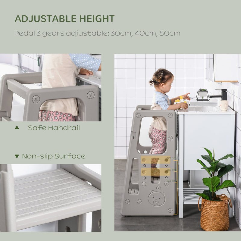 HOMCOM Kids Step Stool Adjustable Standing Platform Toddler Kitchen Stool -Standing Tower for Kitchen Counter Learning Platform w/ Three Heights Grey