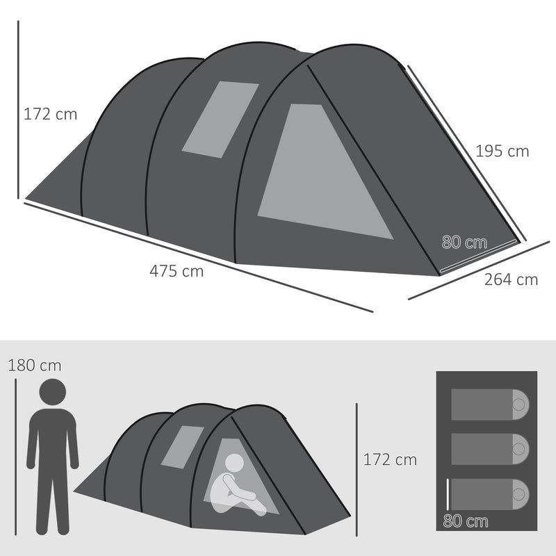 Outsunny 3-4 Man Tunnel Tent, Two Room Camping Tent with Windows and Covers, Portable Carry Bag, for Fishing, Hiking, Sports, Festivals - Black