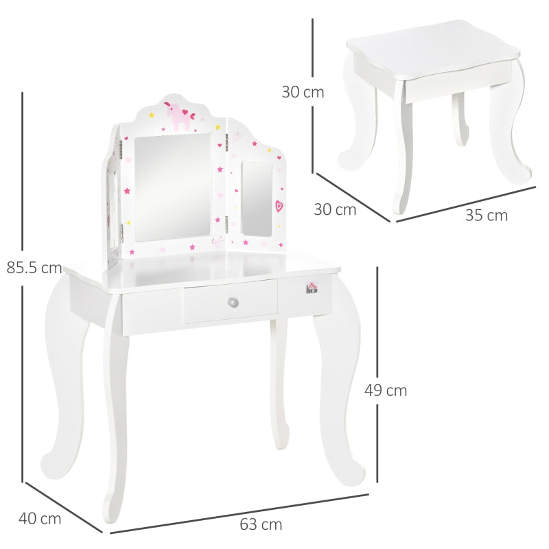 Kids Vanity Table And Stool Girls Dressing , White