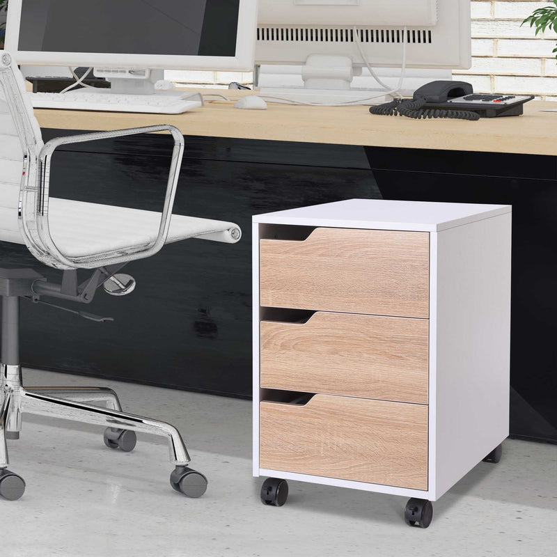 Mobile File Cabinet with 3 Drawers Locking Wheels Metal Rails Oak Tone White