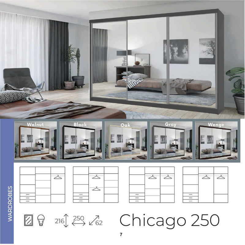 Chicago 3 Door Sliding Door Wardrobe 250cm in 6 colours