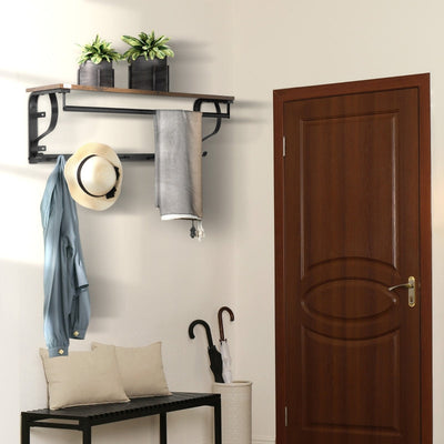 Industrial-Style Floating Wall Shelf, With Hooks And Rod