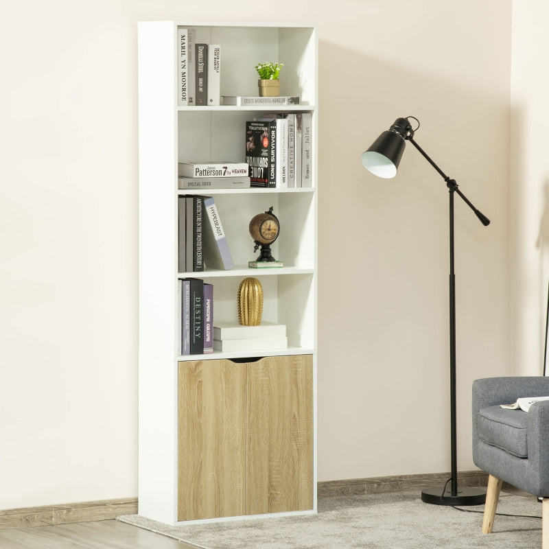 2 Door 4 Shelves Tall Bookcase Modern Storage, White And Oak