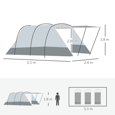 Outsunny 6-8 Person Tunnel Tent, Camping Tent with Bedroom, Living Room, Sewn-in Floor, 3 Doors and Carry Bag, 2000mm Water Column for Fishing, Grey