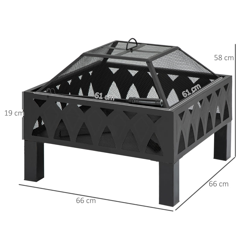 66cm Outdoor Fire Pit With Screen Cover, Black