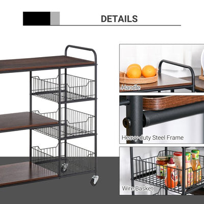 Industrial-Style Kitchen Dining Storage Cart Trolley W/ Shelves Baskets Wheels