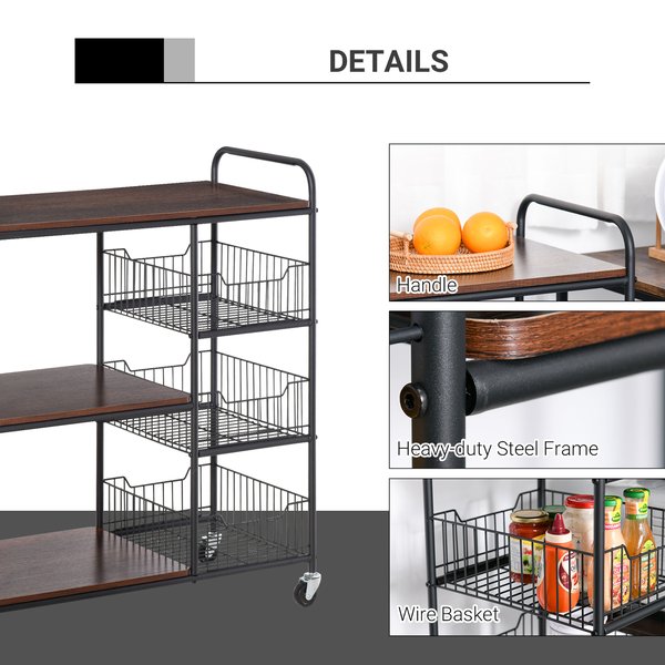 Industrial-Style Kitchen Dining Storage Cart Trolley W/ Shelves Baskets Wheels