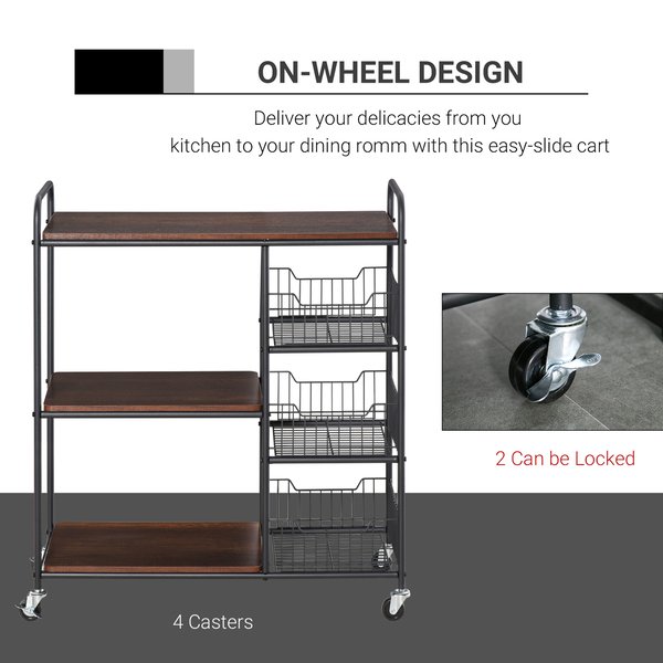 Industrial-Style Kitchen Dining Storage Cart Trolley W/ Shelves Baskets Wheels